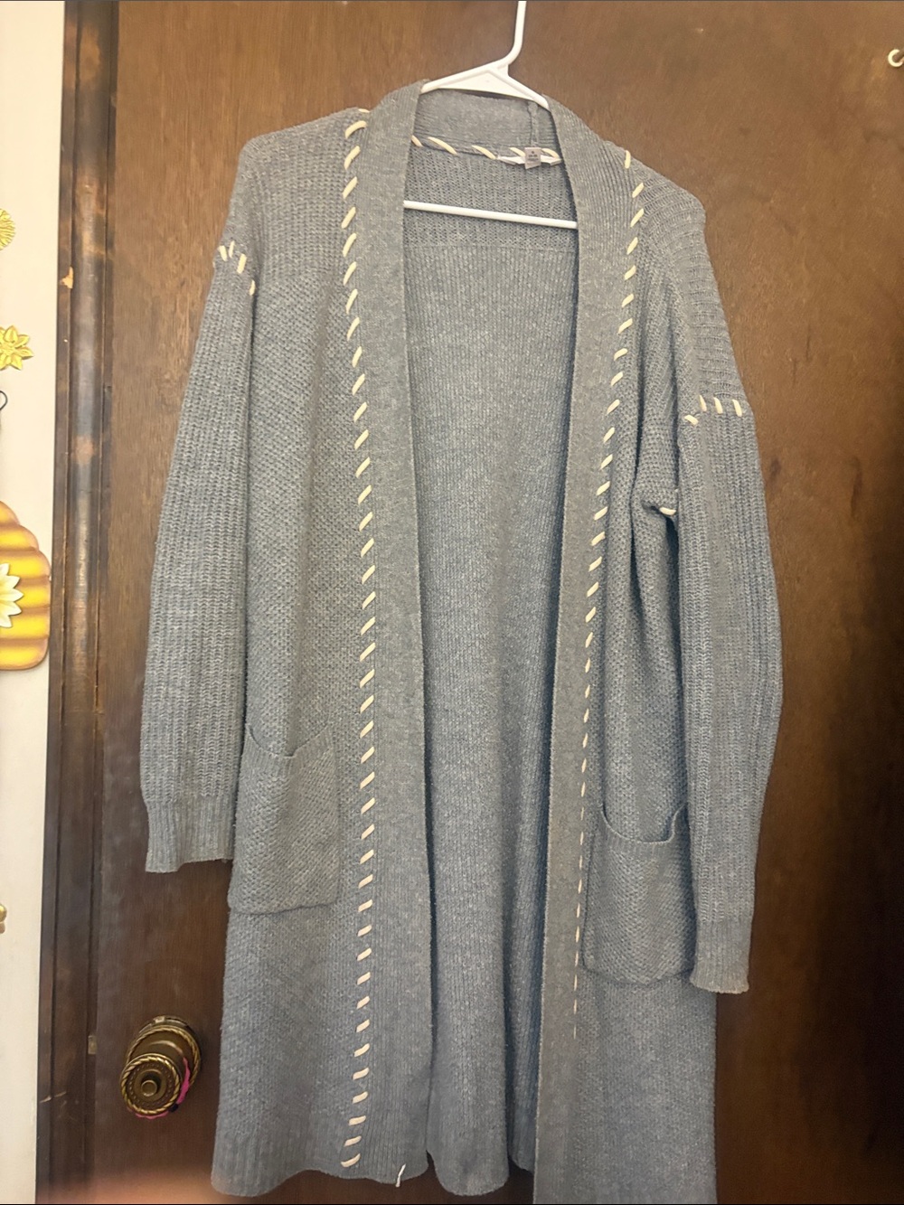 Time and Tru Blue-Gray Open-Front Longline Cardigan with Contrast Stitch